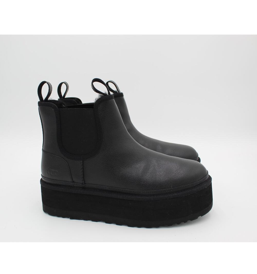 UGG Platform Boots Womens 11 Black Leather Chelsea Chunky Shoes Shearling